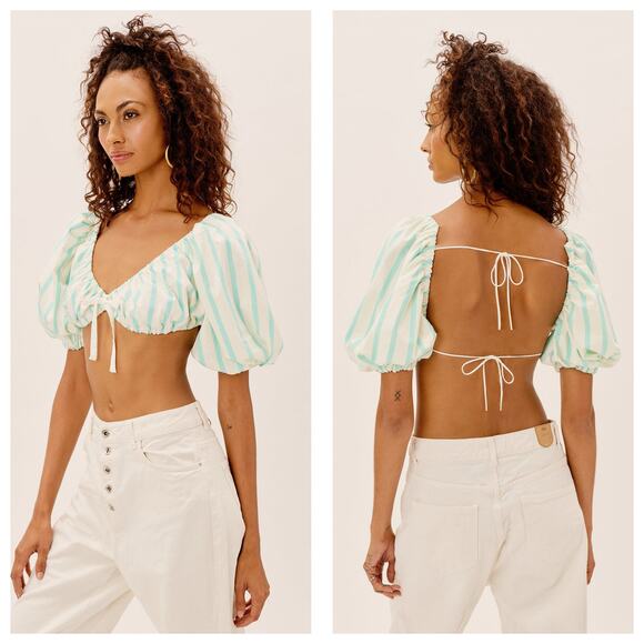 For Love & Lemons Myla Crop Top Size Large Tie Back Striped Puff Sleeve Preppy - Picture 1 of 12